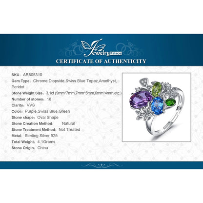 JewelryPalace Flower Natural Amethyst Blue Topaz Peridot Chrome Diopside Open Adjustable Cocktail Ring 925 Sterling Silver Women