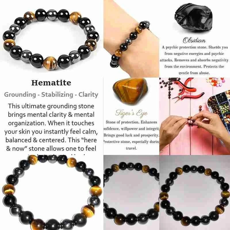 1 pulsera de cuentas de hematita y ojo de tigre de obsidiana negra natural para hombres, protección magnética para la salud para mujeres, joyería del alma