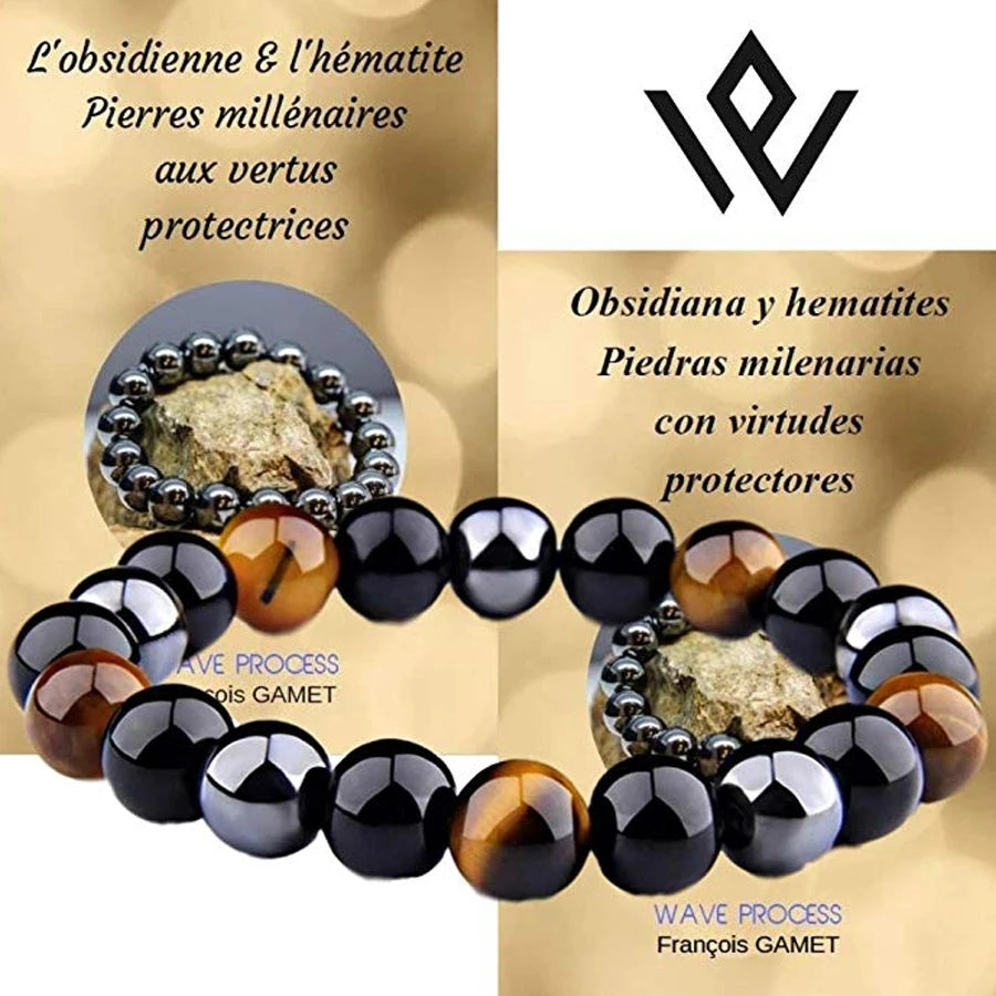 1 pulsera de cuentas de hematita y ojo de tigre de obsidiana negra natural para hombres, protección magnética para la salud para mujeres, joyería del alma