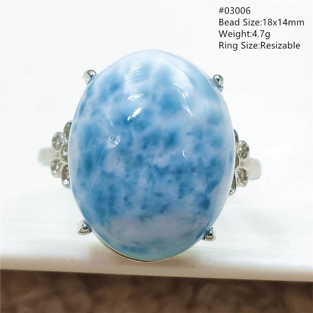 Natural Blue Larimar Gemstone Adjustable Ring Oval 925 Sterling Silver Dominica Women Water Pattern Larimar Ring AAAAAA