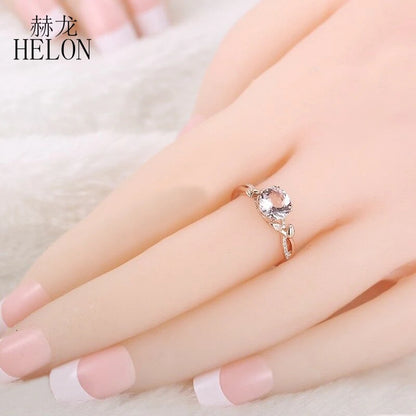 HELON Real 14K Ouro Rosa Certificado Redondo 7mm 1.2ct Morganita Natural &amp; Anel de Pedra Preciosa de Diamante para Mulheres Casamento Jóias Finas Presente