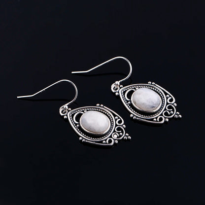 925 Sterling Silver Earrings Retro Texture Large Oval 8X10MM Moonstone Charoite Beads Earrings Wedding Party gemstone  earrings