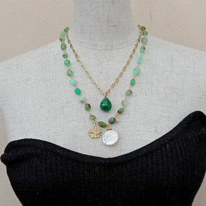 YÂ·YING 2 Strands Green Chrysoprase Chain statement Necklace Coin Pearl Malachite Charm