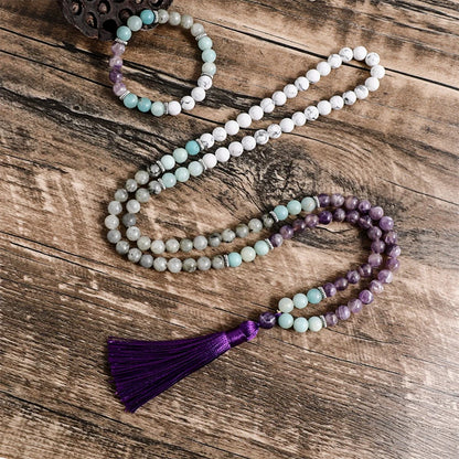 8mm Amethyst Howlite Pure Amazonite Labradorite Beaded Mala Necklace Meditation Yoga 108 Japamala Jewelry Bracelet Sets