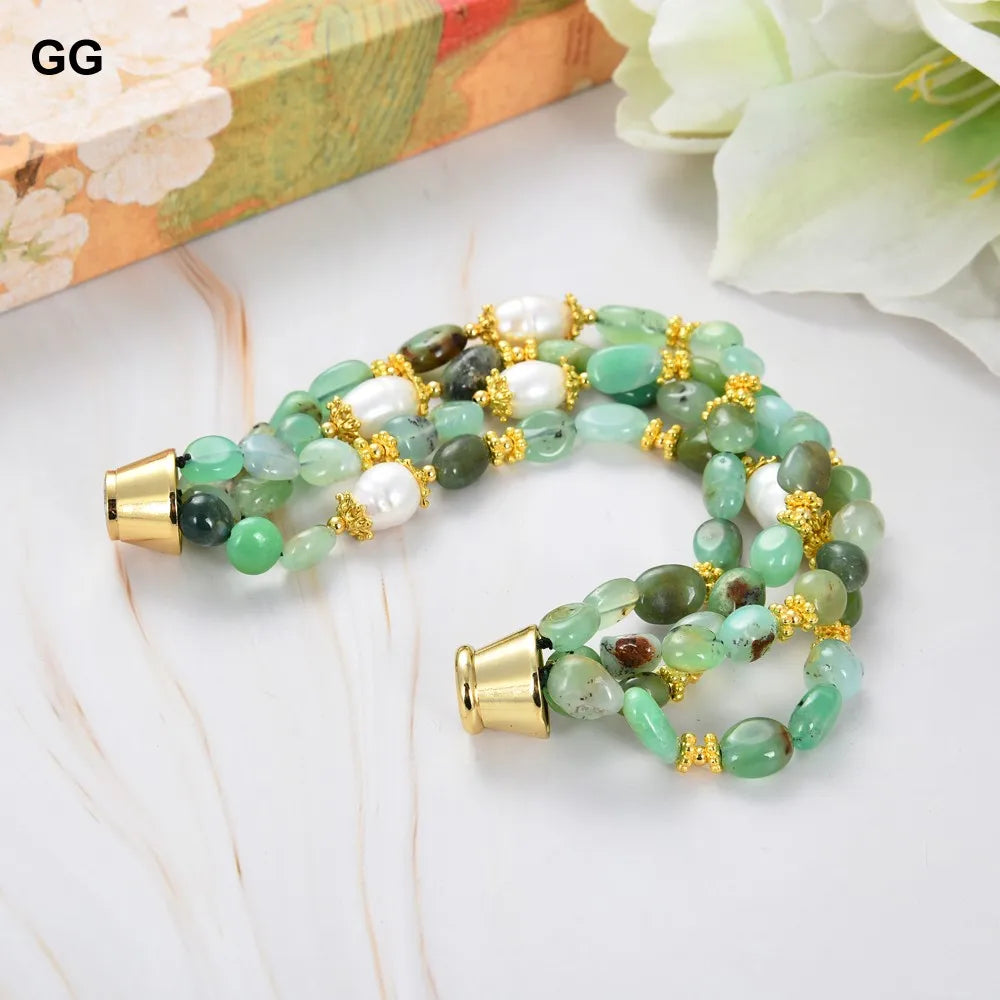 GuaiGuai Jewelry Natural 4 Fios Crisoprásio Verde Cultivado Arroz Branco Pérola Pulseira 8,5 polegadas