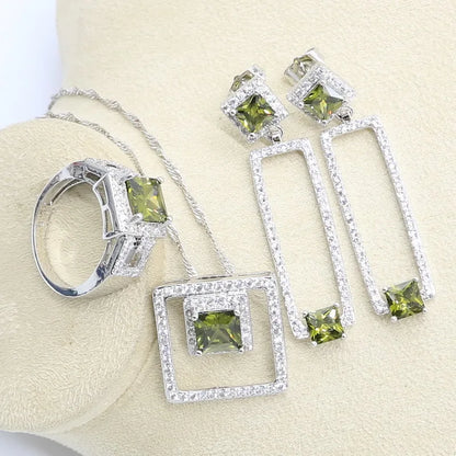 Conjunto de joias de prata 925 com zircônia e peridoto de oliva para mulheres, pulseira de noiva, brinco longo, colar, pingente, anel, presente de aniversário