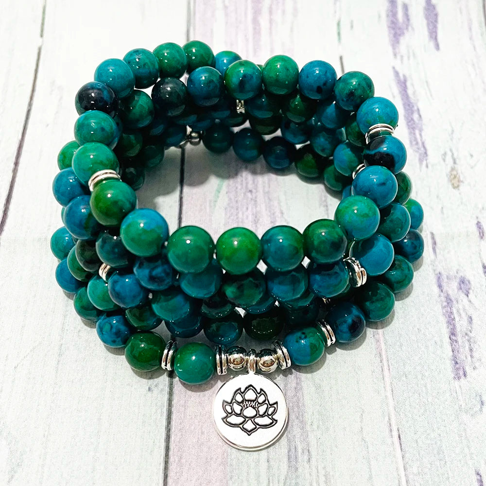 Pulseira Ruberthen A Grade Chrysocolla 108 Mala Bead Pulseira Feminina STRESS Mala Pulseira Yoga Meditação Lótus Charm Bracelet