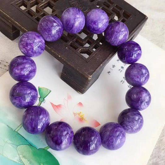 Natural Purple Charoite Gemstone Round Beads Bracelet 14mm Stretch Russia Charm Femme Bracelets AAAAAA