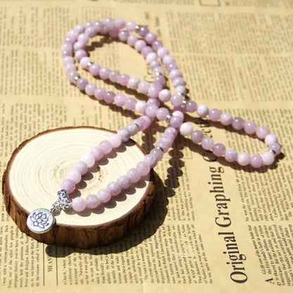 Ruberthen Natural A Grade Kunzite 108 Mala Bracelet Women`s Lotus Charm Yoga Bracelet Gemstones Beads Mala Rosary Necklace