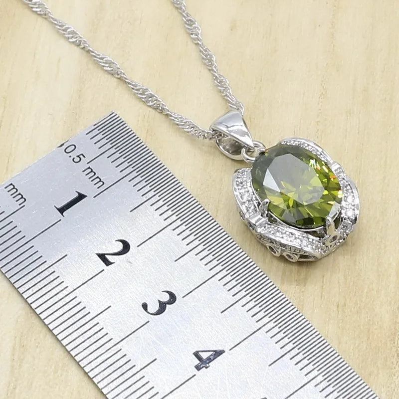 Green Peridot Zircon 925 Silver Jewelry Set Women Bracelet Earrings Necklace Pendant Ring Birthday Gift