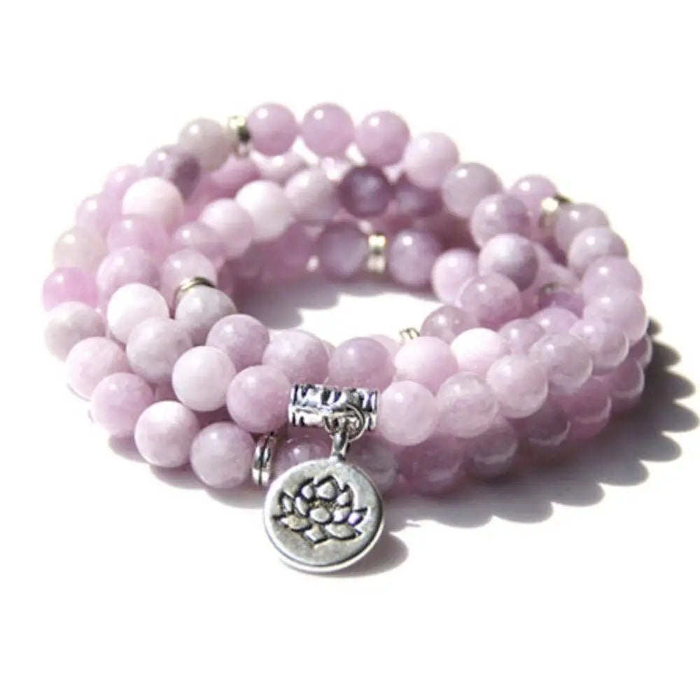 Ruberthen Natural A Grade Kunzite 108 Mala Bracelet Women`s Lotus Charm Yoga Bracelet Gemstones Beads Mala Rosary Necklace