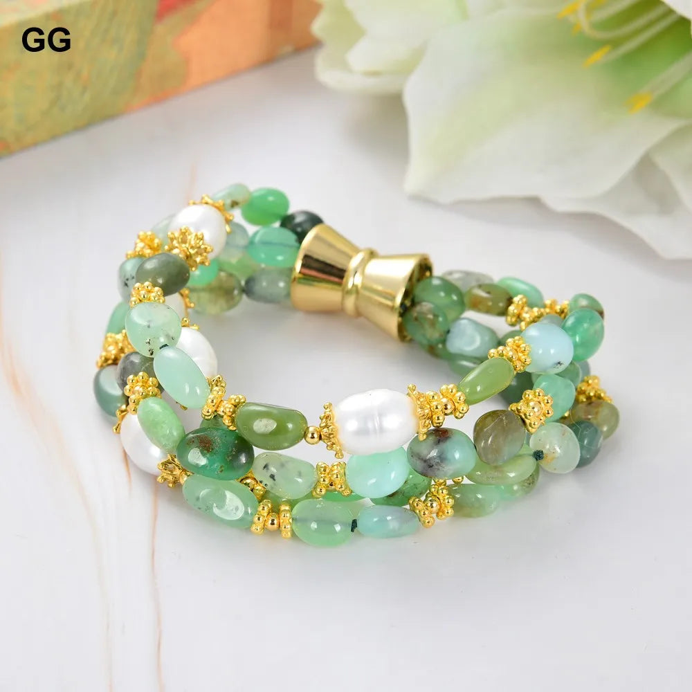 GuaiGuai Jewelry Natural 4 Fios Crisoprásio Verde Cultivado Arroz Branco Pérola Pulseira 8,5 polegadas