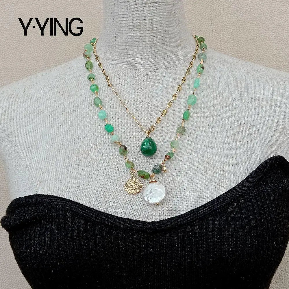 YÂ·YING 2 Strands Green Chrysoprase Chain statement Necklace Coin Pearl Malachite Charm