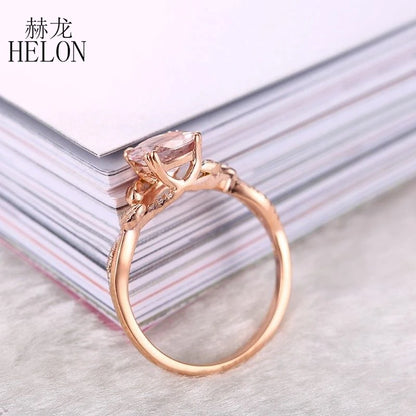 HELON Real 14K Ouro Rosa Certificado Redondo 7mm 1.2ct Morganita Natural &amp; Anel de Pedra Preciosa de Diamante para Mulheres Casamento Jóias Finas Presente