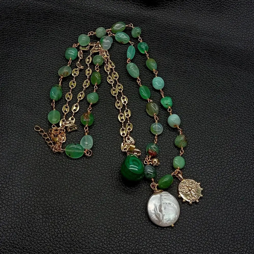 YÂ·YING 2 Strands Green Chrysoprase Chain statement Necklace Coin Pearl Malachite Charm