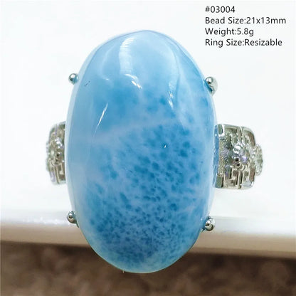 Natural Blue Larimar Gemstone Adjustable Ring Oval 925 Sterling Silver Dominica Women Water Pattern Larimar Ring AAAAAA