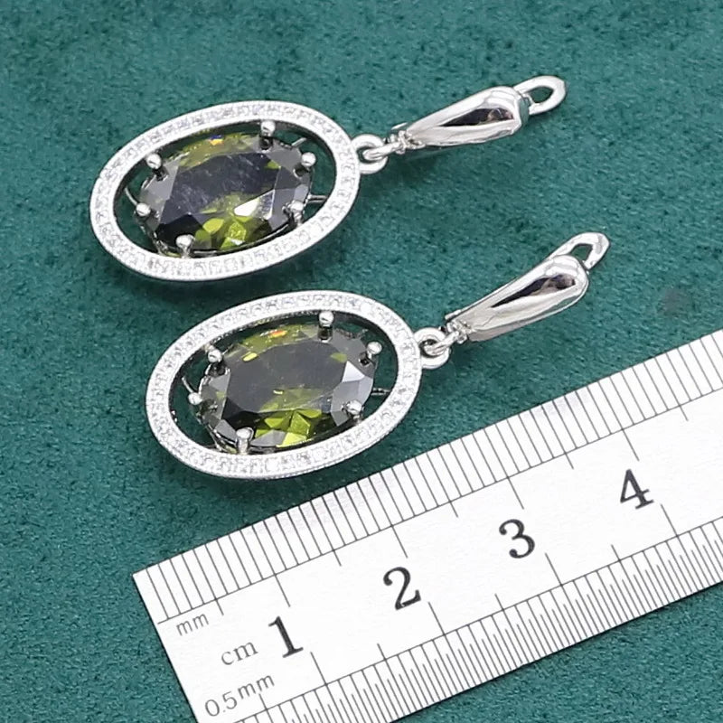 Conjunto de joias de prata esterlina 925 peridoto verde para mulheres, pulseira, brincos, colar, pingente, anel, presente de aniversário