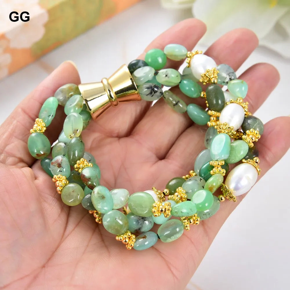 GuaiGuai Jewelry Natural 4 Fios Crisoprásio Verde Cultivado Arroz Branco Pérola Pulseira 8,5 polegadas