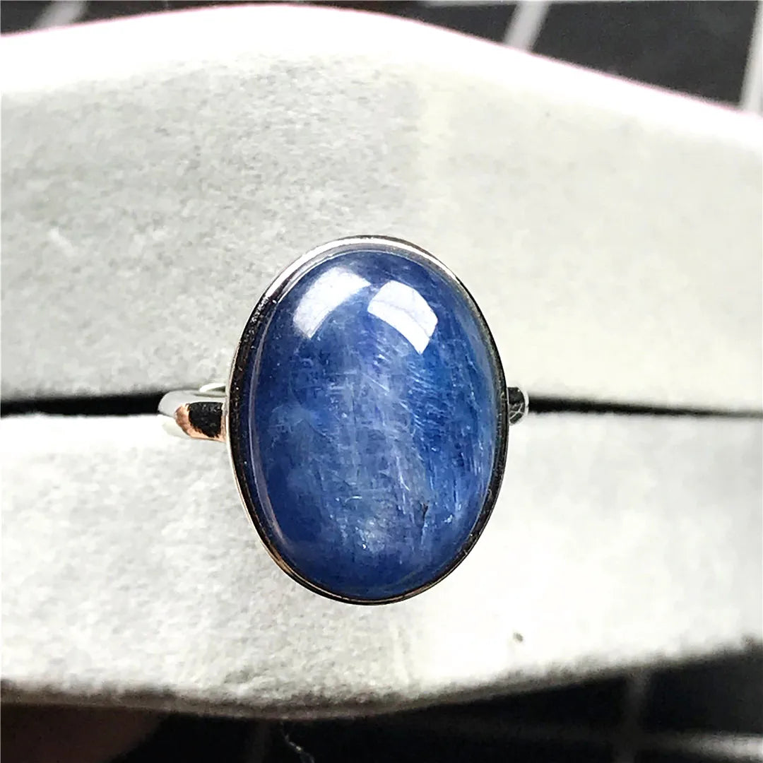 Anillo de cristal de cianita azul natural de 14 mm para mujer y hombre, regalo de amor, anillo ajustable de plata de ley 925 con cuentas de ojo de gato, joyería AAAAA