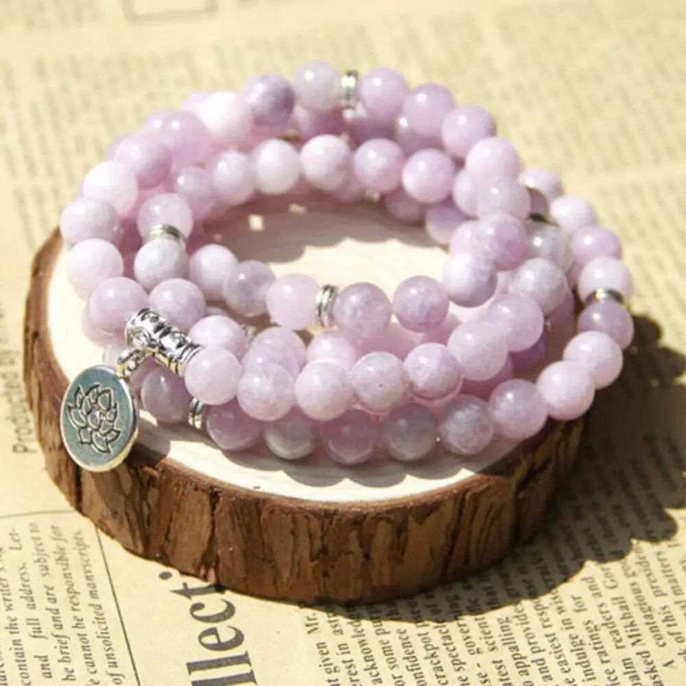 Ruberthen Natural A Grade Kunzite 108 Mala Bracelet Women`s Lotus Charm Yoga Bracelet Gemstones Beads Mala Rosary Necklace