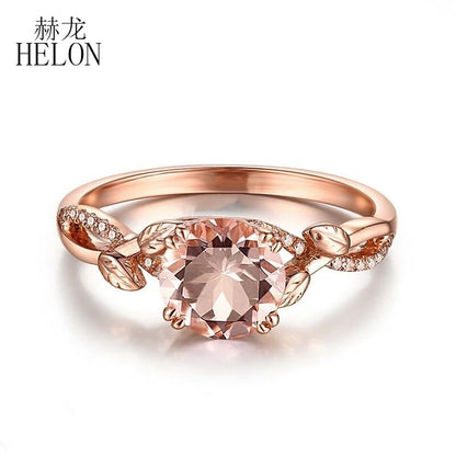 HELON Real 14K Ouro Rosa Certificado Redondo 7mm 1.2ct Morganita Natural &amp; Anel de Pedra Preciosa de Diamante para Mulheres Casamento Jóias Finas Presente