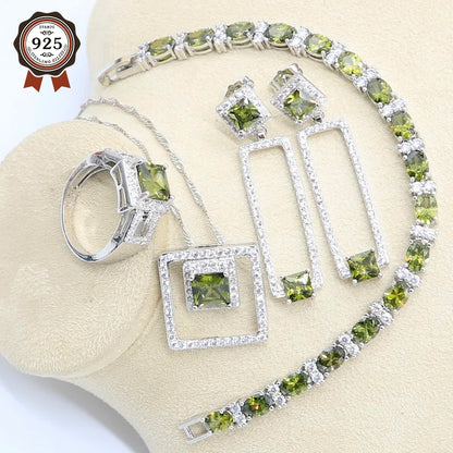 Conjunto de joias de prata 925 com zircônia e peridoto de oliva para mulheres, pulseira de noiva, brinco longo, colar, pingente, anel, presente de aniversário