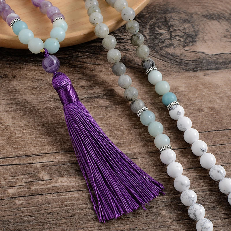 8mm Amethyst Howlite Pure Amazonite Labradorite Beaded Mala Necklace Meditation Yoga 108 Japamala Jewelry Bracelet Sets