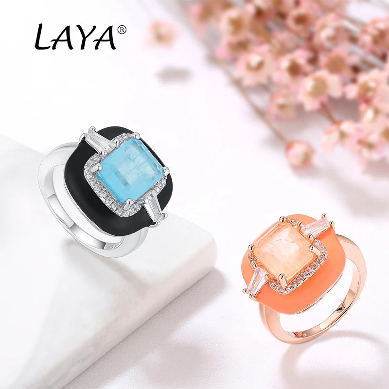 LAYA 925 Sterling Silver Fashion Shining Zircon Natural Blue Stone Black Enamel Square Ring For Women Gift Fashion Fine Jewelry