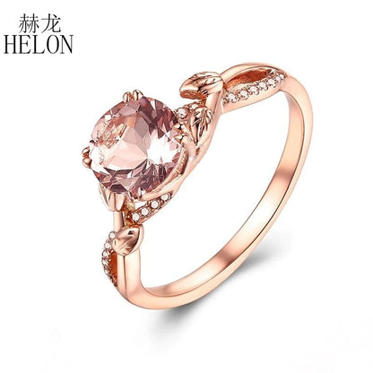 HELON Real 14K Ouro Rosa Certificado Redondo 7mm 1.2ct Morganita Natural &amp; Anel de Pedra Preciosa de Diamante para Mulheres Casamento Jóias Finas Presente