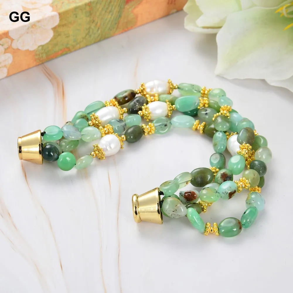 GuaiGuai Jewelry Natural 4 Fios Crisoprásio Verde Cultivado Arroz Branco Pérola Pulseira 8,5 polegadas