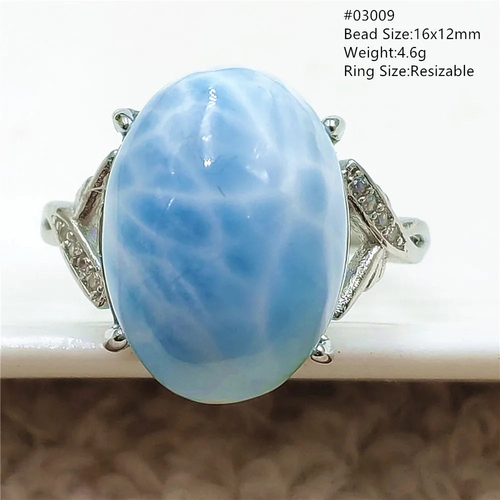 Natural Blue Larimar Gemstone Adjustable Ring Oval 925 Sterling Silver Dominica Women Water Pattern Larimar Ring AAAAAA