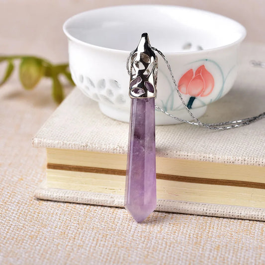 1PC Fashion Stone Pendant Natural Crystal Point Pendant Amethyst Opal Mineral Jewelry Colourful Chain For Men Women Jewelry