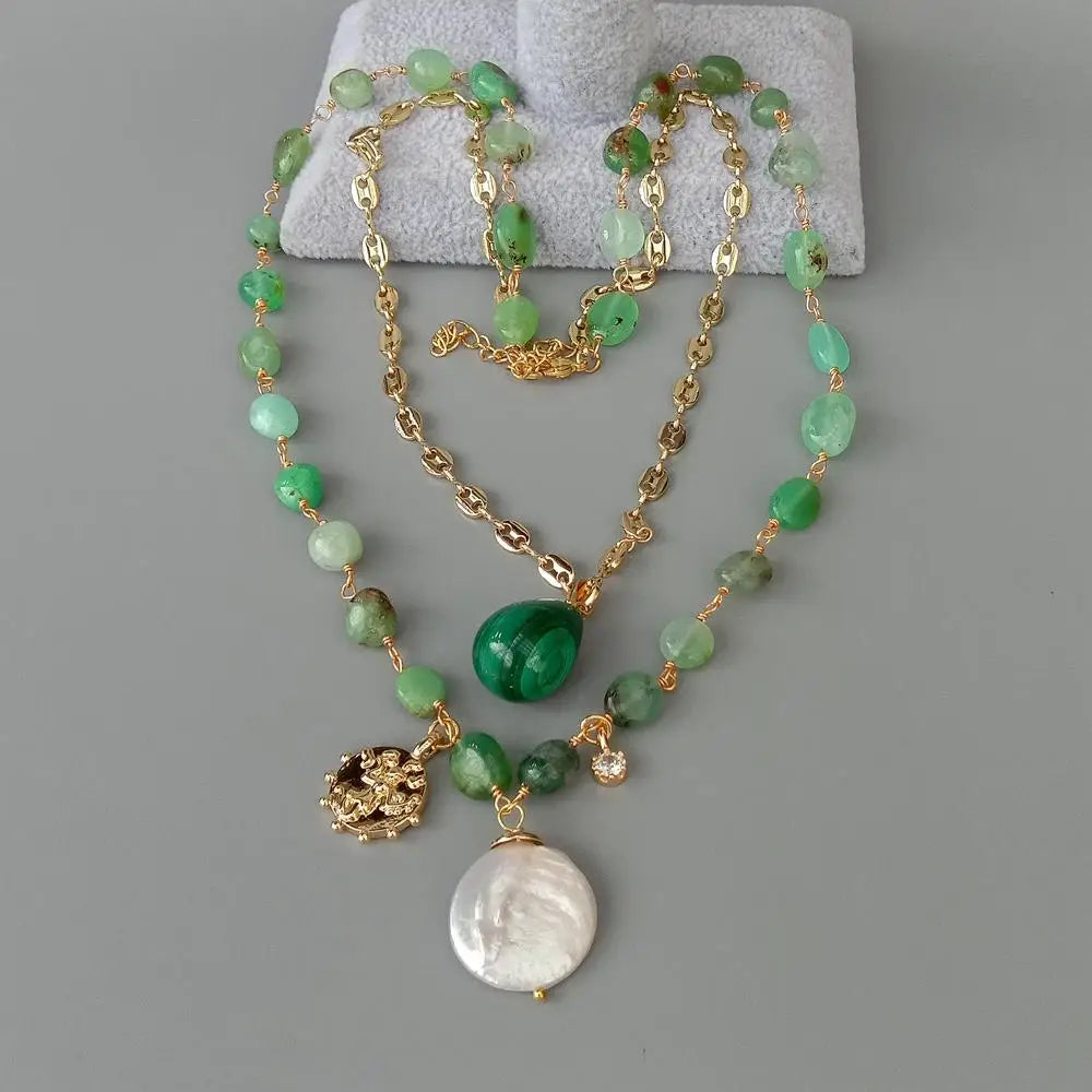 YÂ·YING 2 Strands Green Chrysoprase Chain statement Necklace Coin Pearl Malachite Charm