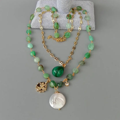 YÂ·YING 2 Strands Green Chrysoprase Chain statement Necklace Coin Pearl Malachite Charm