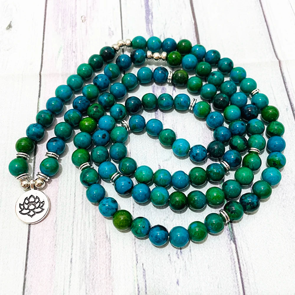 Pulseira Ruberthen A Grade Chrysocolla 108 Mala Bead Pulseira Feminina STRESS Mala Pulseira Yoga Meditação Lótus Charm Bracelet