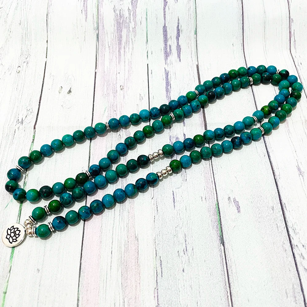 Pulseira Ruberthen A Grade Chrysocolla 108 Mala Bead Pulseira Feminina STRESS Mala Pulseira Yoga Meditação Lótus Charm Bracelet