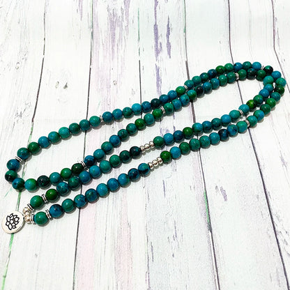 Pulseira Ruberthen A Grade Chrysocolla 108 Mala Bead Pulseira Feminina STRESS Mala Pulseira Yoga Meditação Lótus Charm Bracelet