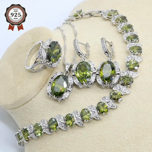 Conjunto de joias de prata 925 com zircônia peridoto verde, pulseira, brincos, colar, pingente, anel, presente de aniversário