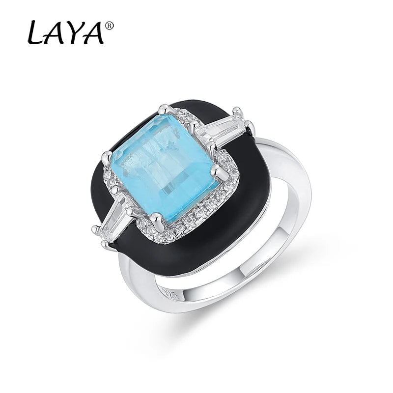 LAYA 925 Sterling Silver Fashion Shining Zircon Natural Blue Stone Black Enamel Square Ring For Women Gift Fashion Fine Jewelry