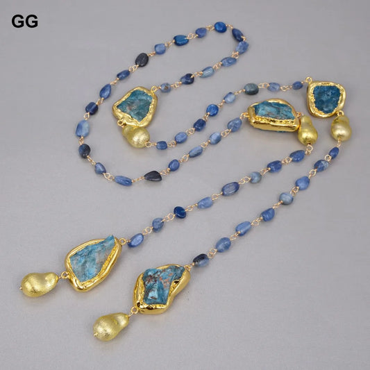 GG Natural Blue Kyanite Gold Plated Brushed Bead Long Necklace 40" Sweater Chain Necklace For Women