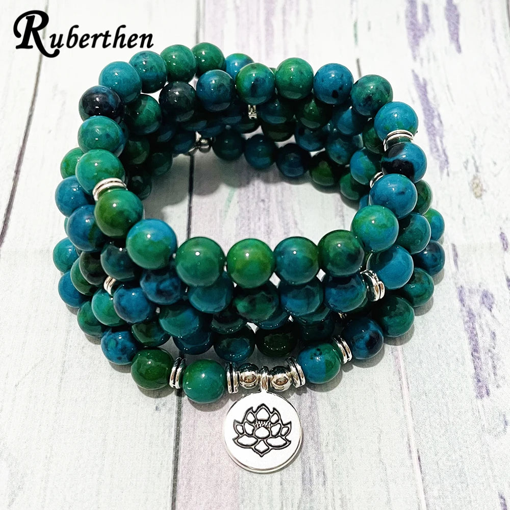 Pulseira Ruberthen A Grade Chrysocolla 108 Mala Bead Pulseira Feminina STRESS Mala Pulseira Yoga Meditação Lótus Charm Bracelet