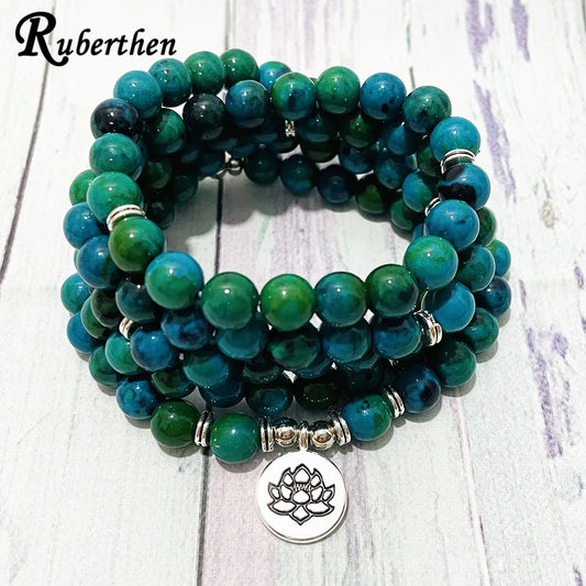 Pulseira Ruberthen A Grade Chrysocolla 108 Mala Bead Pulseira Feminina STRESS Mala Pulseira Yoga Meditação Lótus Charm Bracelet