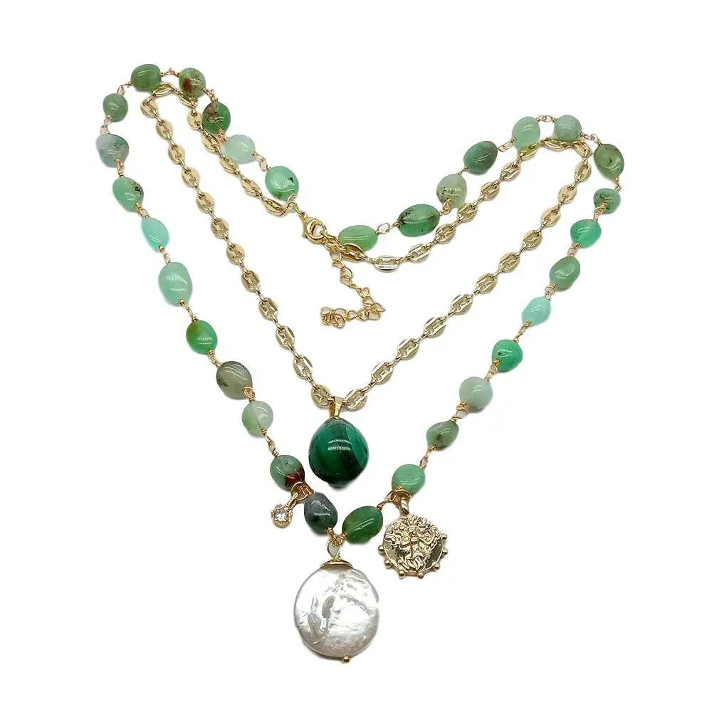 YÂ·YING 2 Strands Green Chrysoprase Chain statement Necklace Coin Pearl Malachite Charm