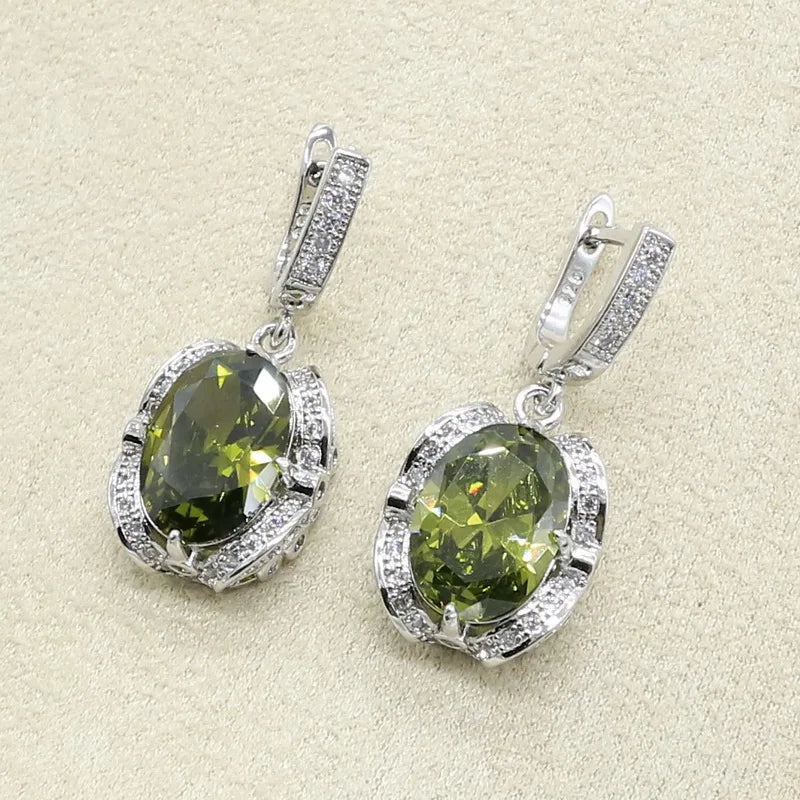 Green Peridot Zircon 925 Silver Jewelry Set Women Bracelet Earrings Necklace Pendant Ring Birthday Gift