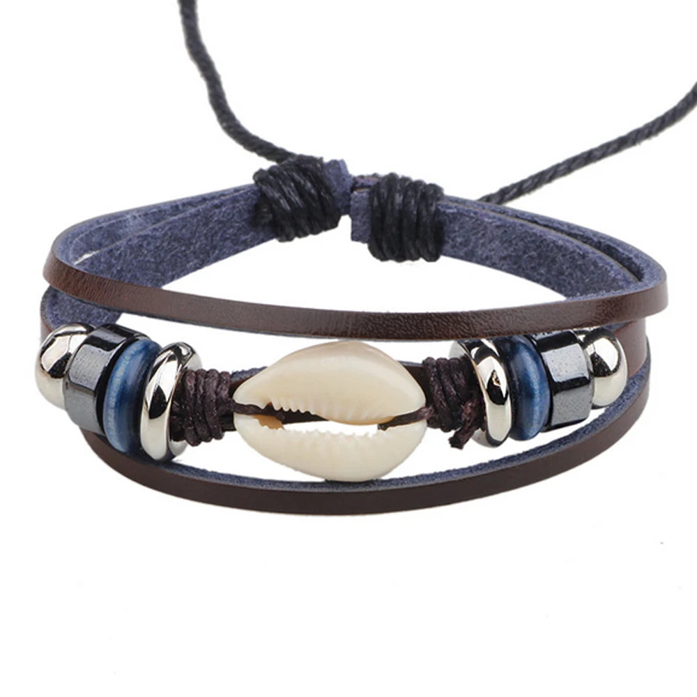 CC172 Hot Sea Shell Hematite Mens Bracelet Homme Rope Leather Bracelet Men Femme Woven Bracelets for Women Pulsera Bijouterie