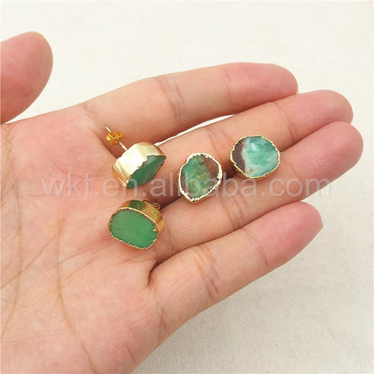 WT-E263 Irregular shape Australia chrysoprase stone studs Boho 10mm wholesale 10pcs gold trim stone studs gift for her