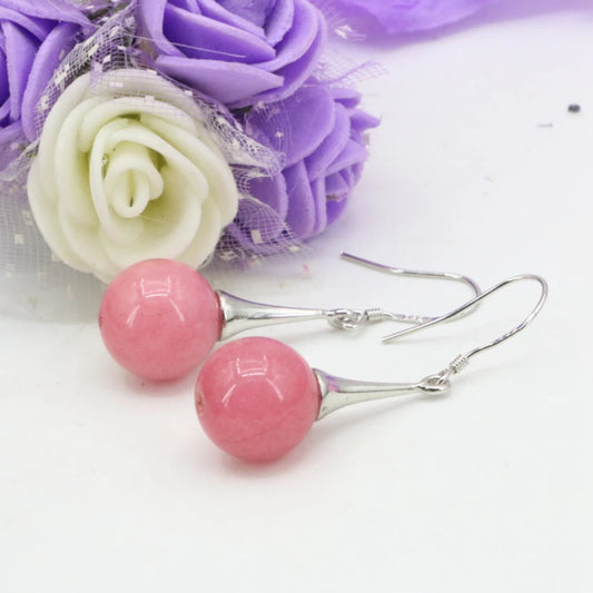 New natural stone pink rhodochrosite 12mm round beads chalcedony jades dangle earring for women eardrop handmade jewelry B3244