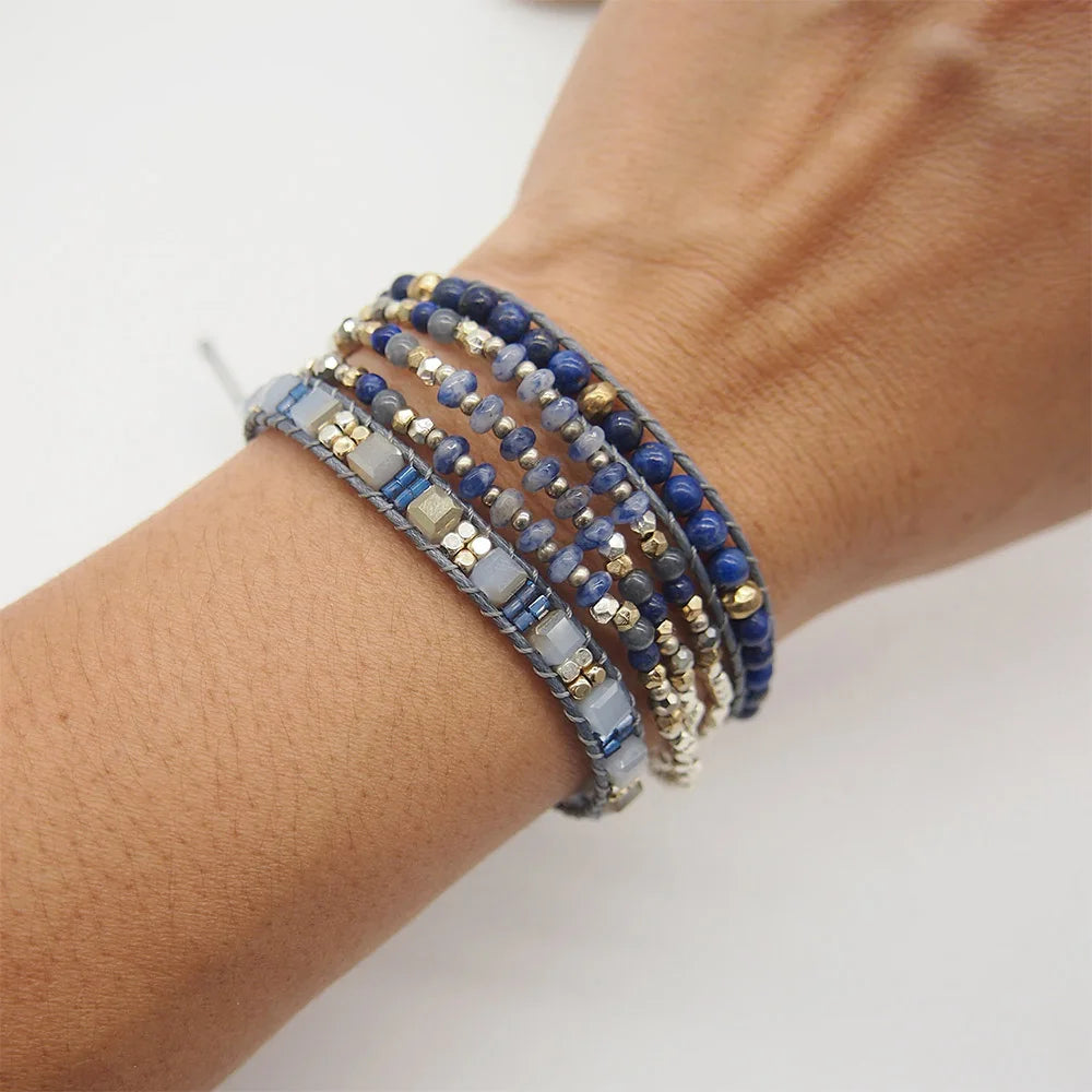 Sodalite Lapis Lazuli Triple Strands 5 Wraps Bohemian Beadwork Crystal Mixed Bracelet Gift for Men and Women