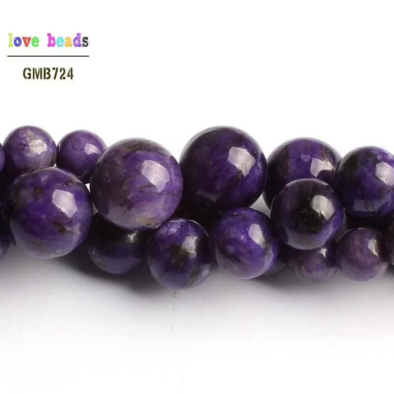 Cuentas sueltas redondas de piedra charoita para hacer joyas, pulseras y collares, 15'', color morado, 6 mm, 8 mm y 10 mm