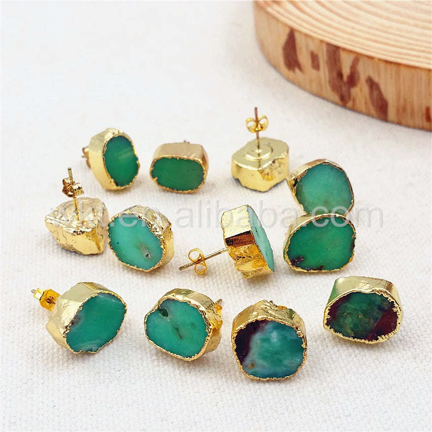 WT-E263 Irregular shape Australia chrysoprase stone studs Boho 10mm wholesale 10pcs gold trim stone studs gift for her